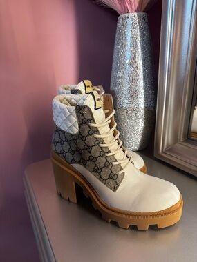 Gucci GG Supreme Canvas & Quilted Leather Lug Sole Combat Boots | Size 42